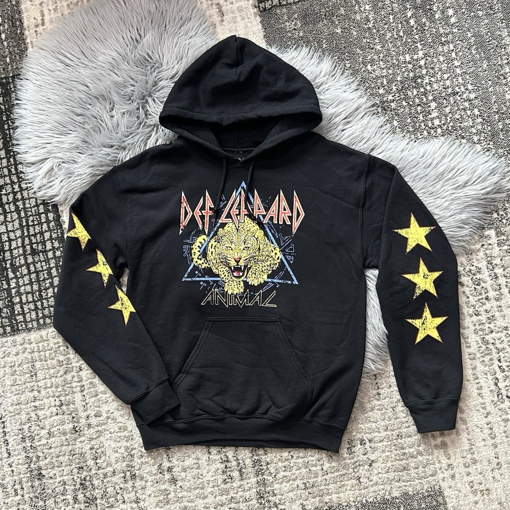 Def Leppard Animal Black Stars Graphic Fleece Lined Hoodie Size‎ Small